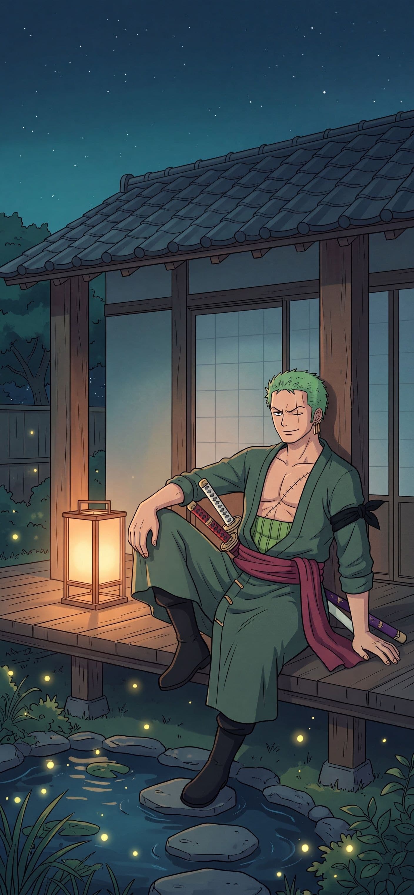 Roronoa Zoro phone wallpaper: Zoro resting on the wooden veranda of a Japanese inn on a summer night, fireflies over a garden pond