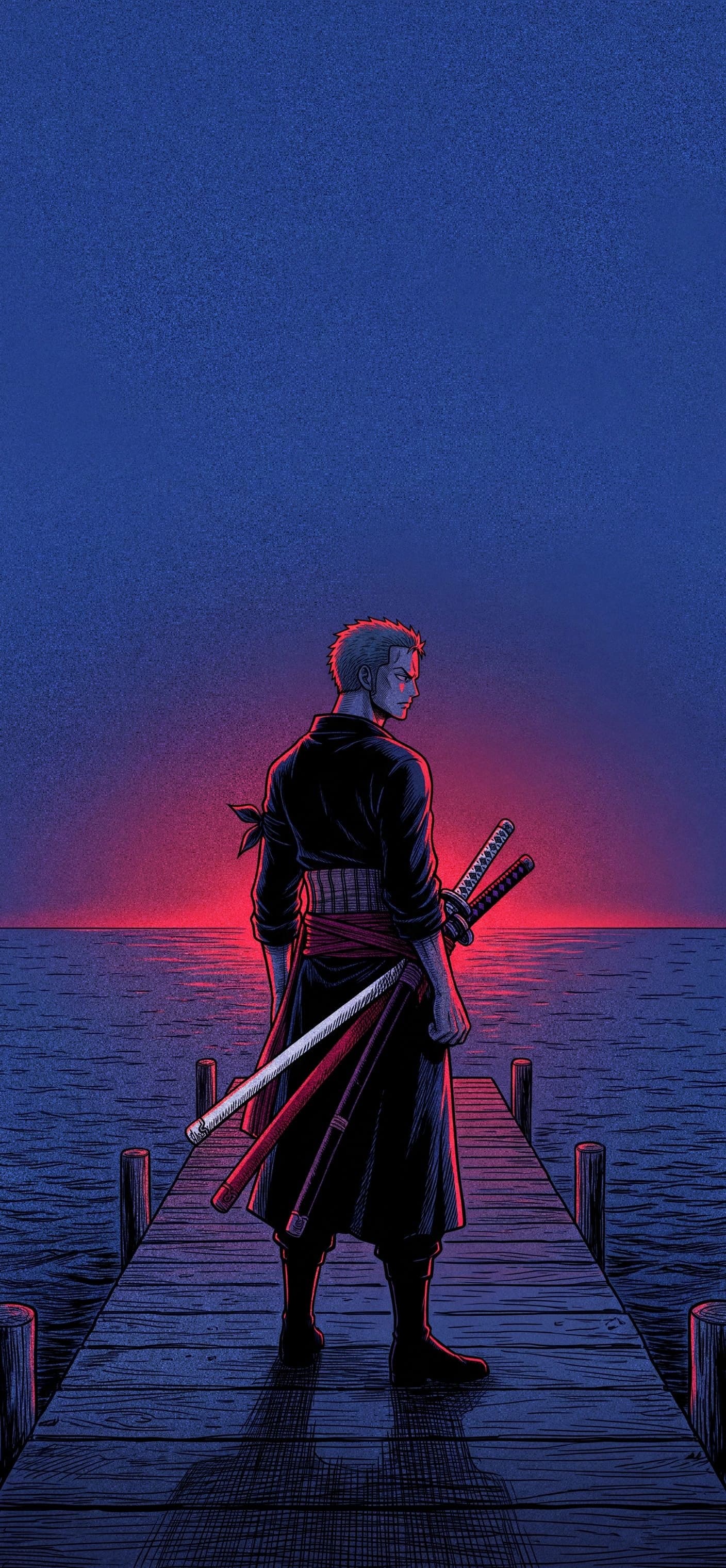 Roronoa Zoro phone wallpaper: Zoro standing at the end of a wooden dock at night, looking out at a crimson glow on the horizon