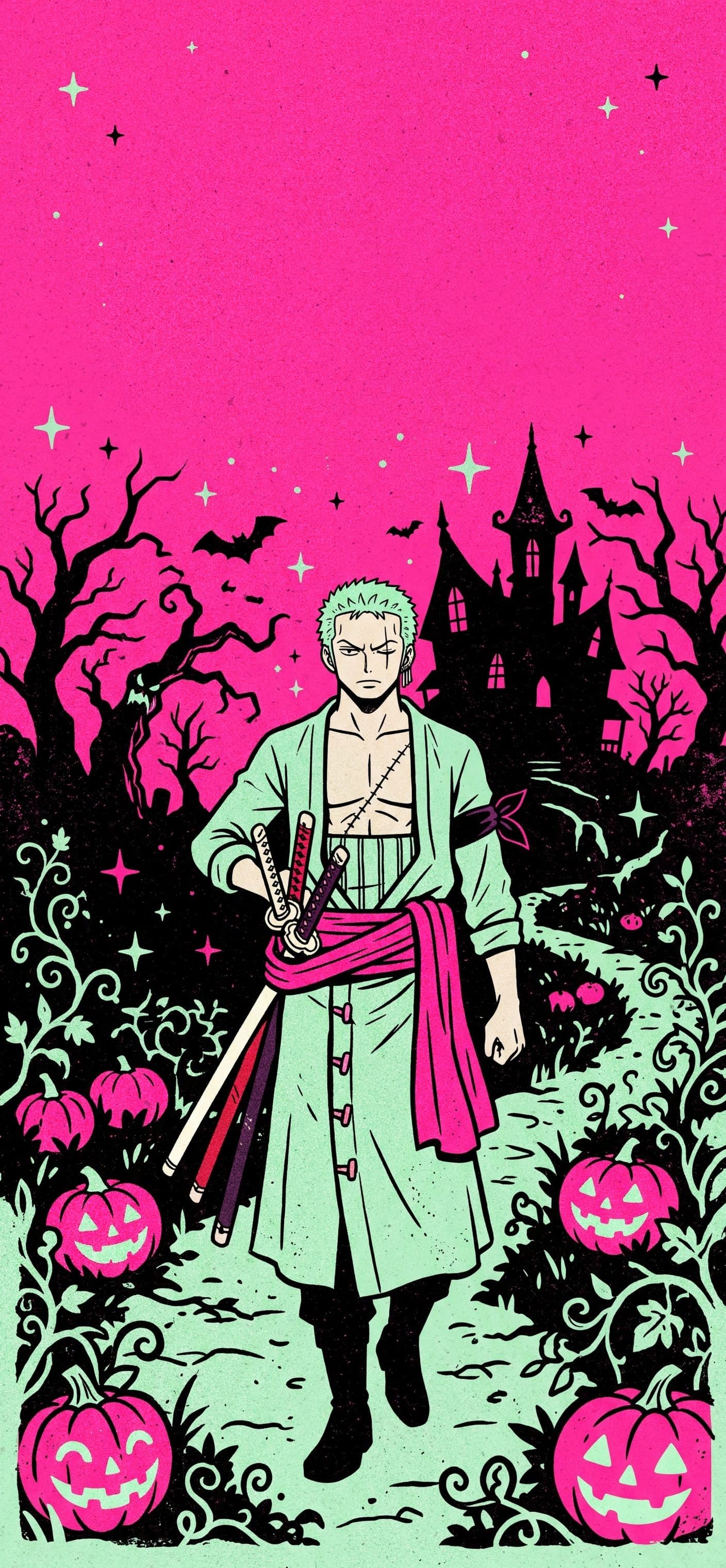 Roronoa Zoro phone wallpaper: Zoro walking through the overgrown garden of a haunted mansion at night, with bats and carved pumpkins