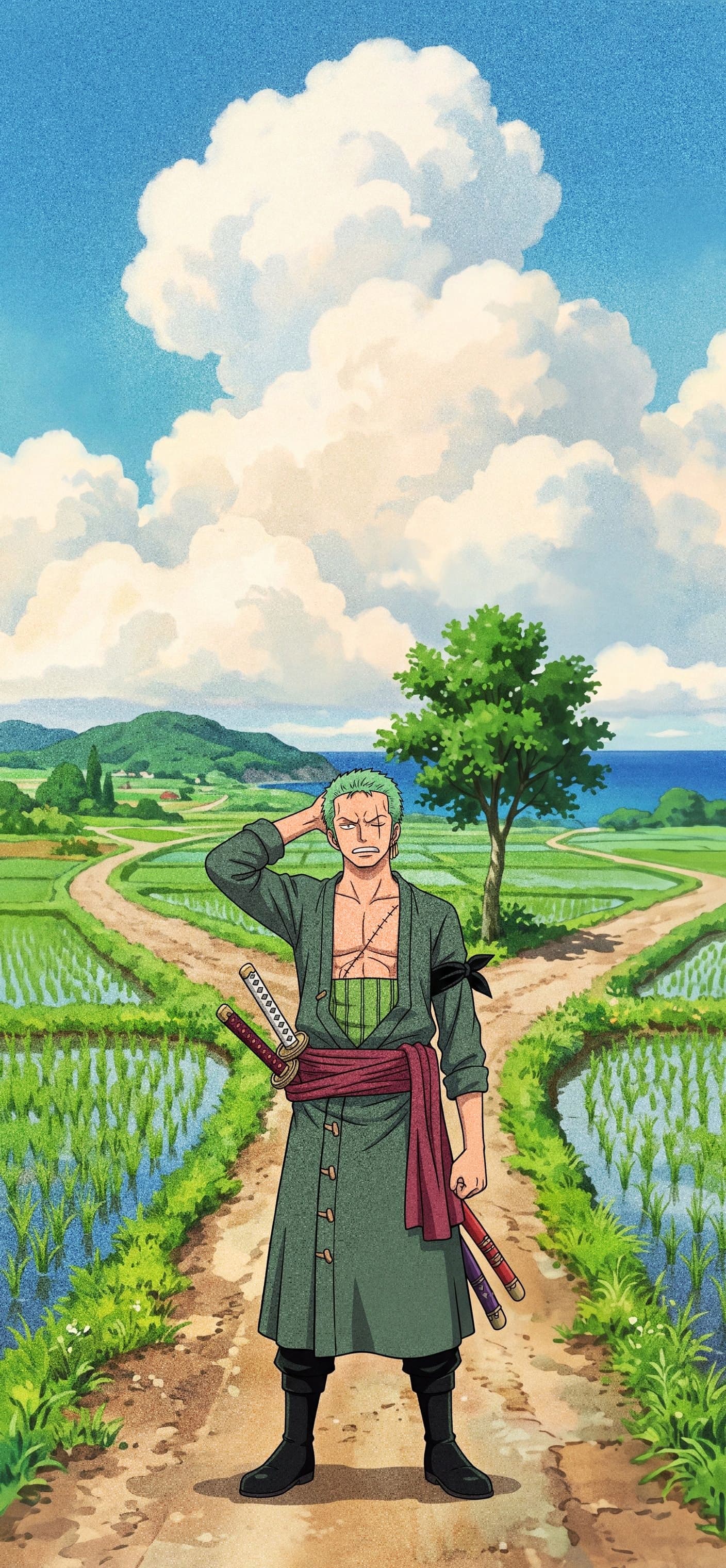 Roronoa Zoro phone wallpaper: Zoro scratching his head at a fork in a dirt road between green rice paddies on a summer day
