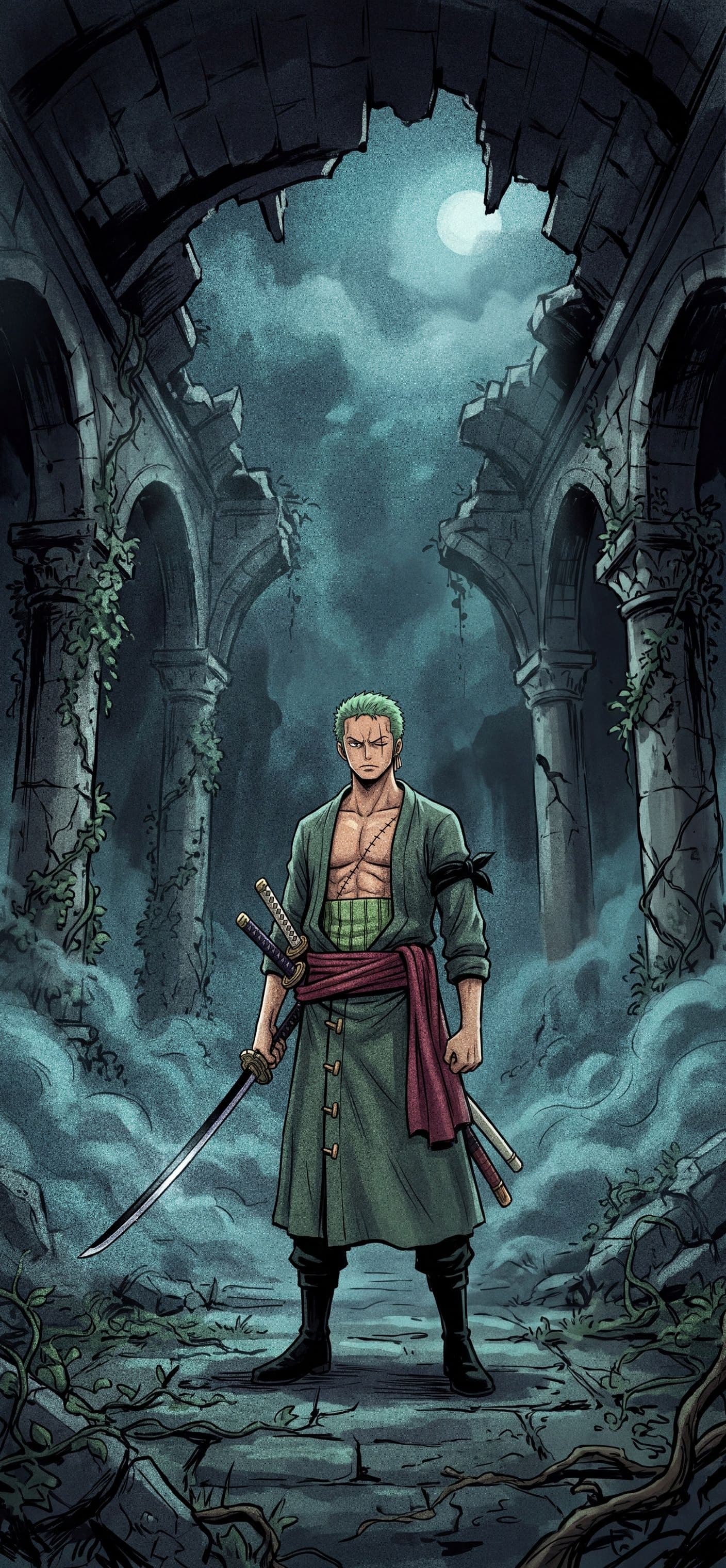 Roronoa Zoro phone wallpaper: Zoro standing with one sword drawn in a ruined stone temple at night, moonlight and teal mist around him