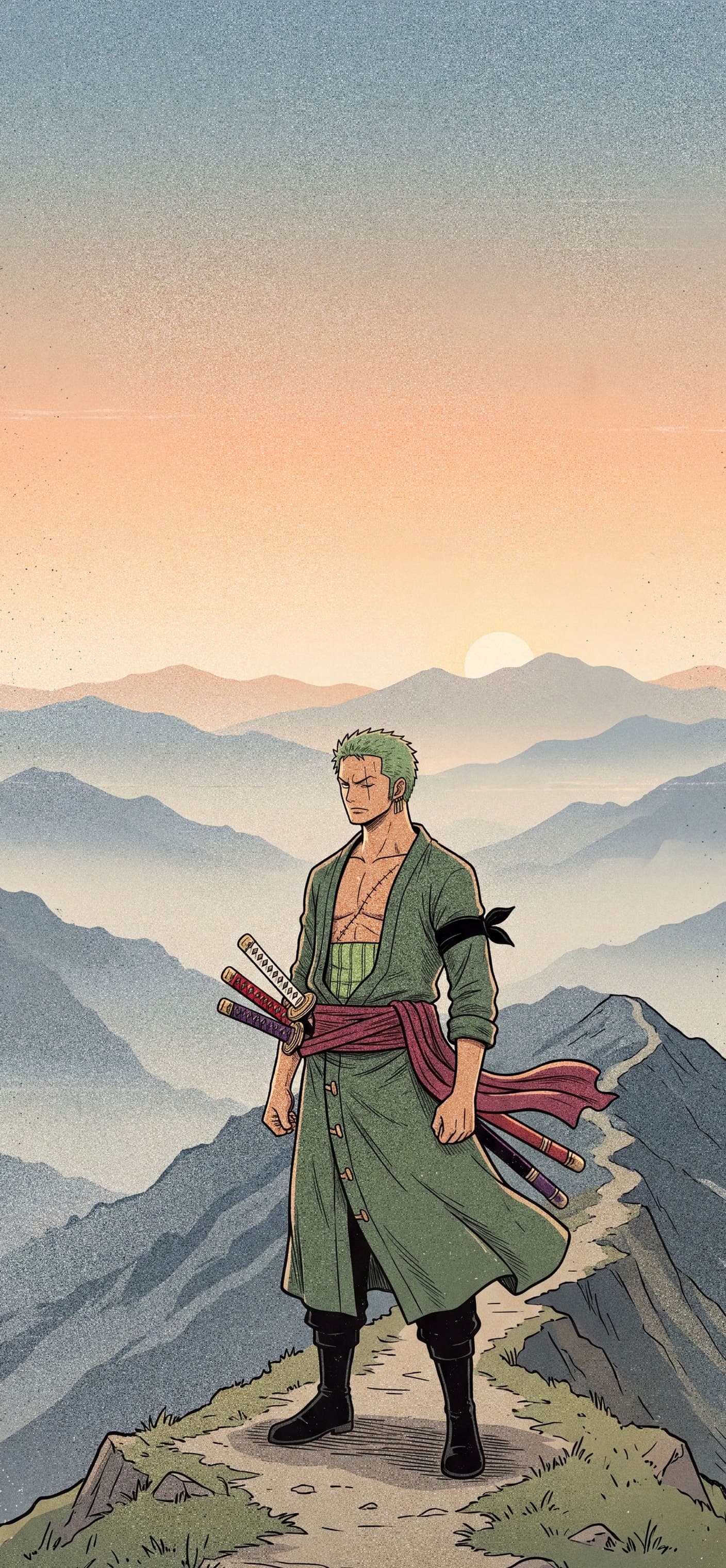 Roronoa Zoro phone wallpaper: Zoro standing on a high mountain ridge path at sunset, his robe and sash blowing in the wind