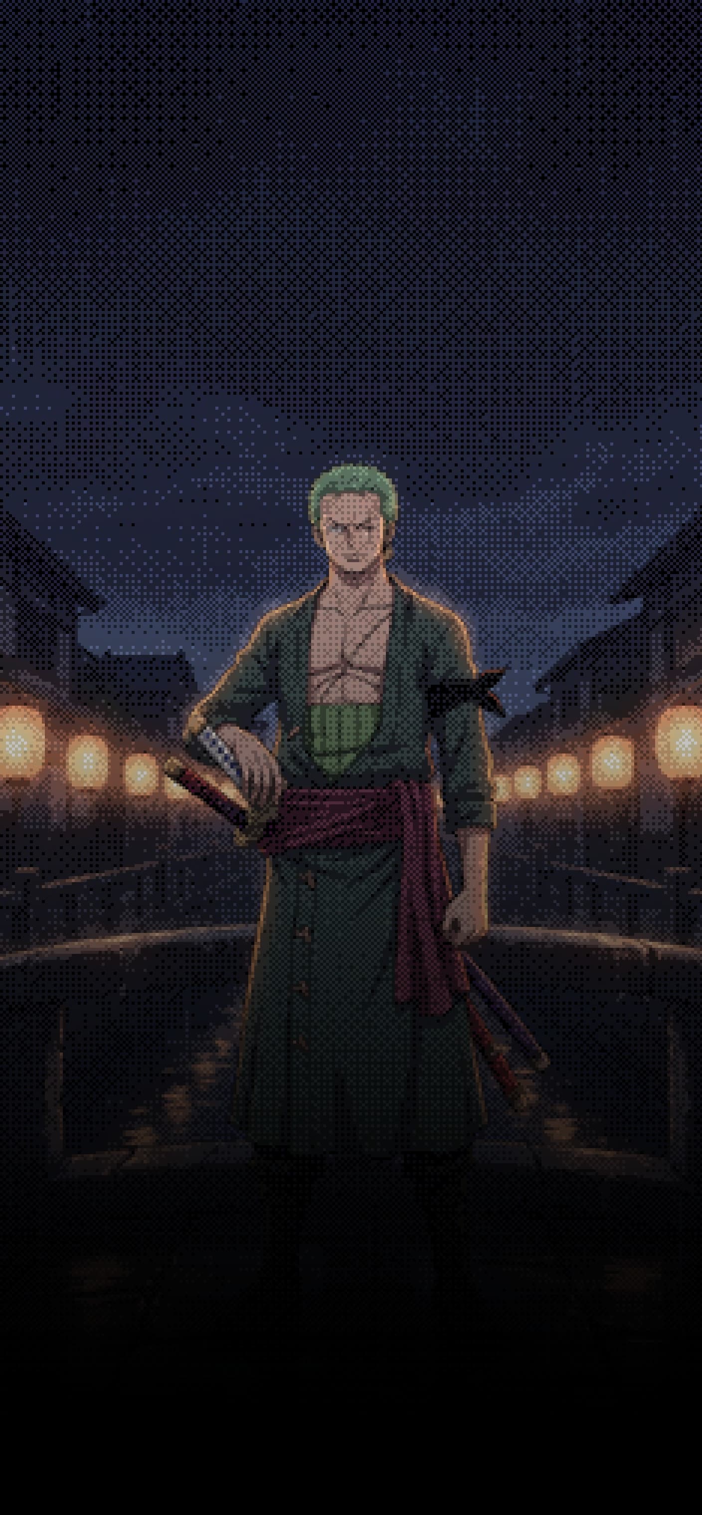Roronoa Zoro phone wallpaper: Zoro standing on a stone bridge in a lantern-lit town on a rainy night, one hand on a sword hilt