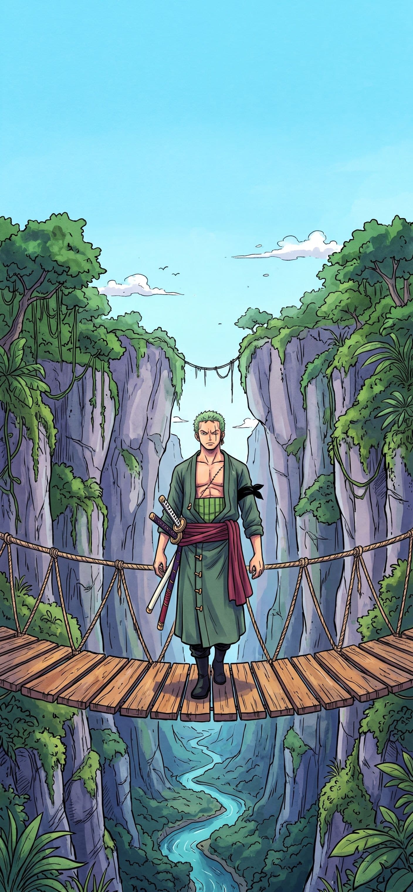 Roronoa Zoro wallpaper: Zoro walking across a wooden rope bridge over a deep green river gorge
