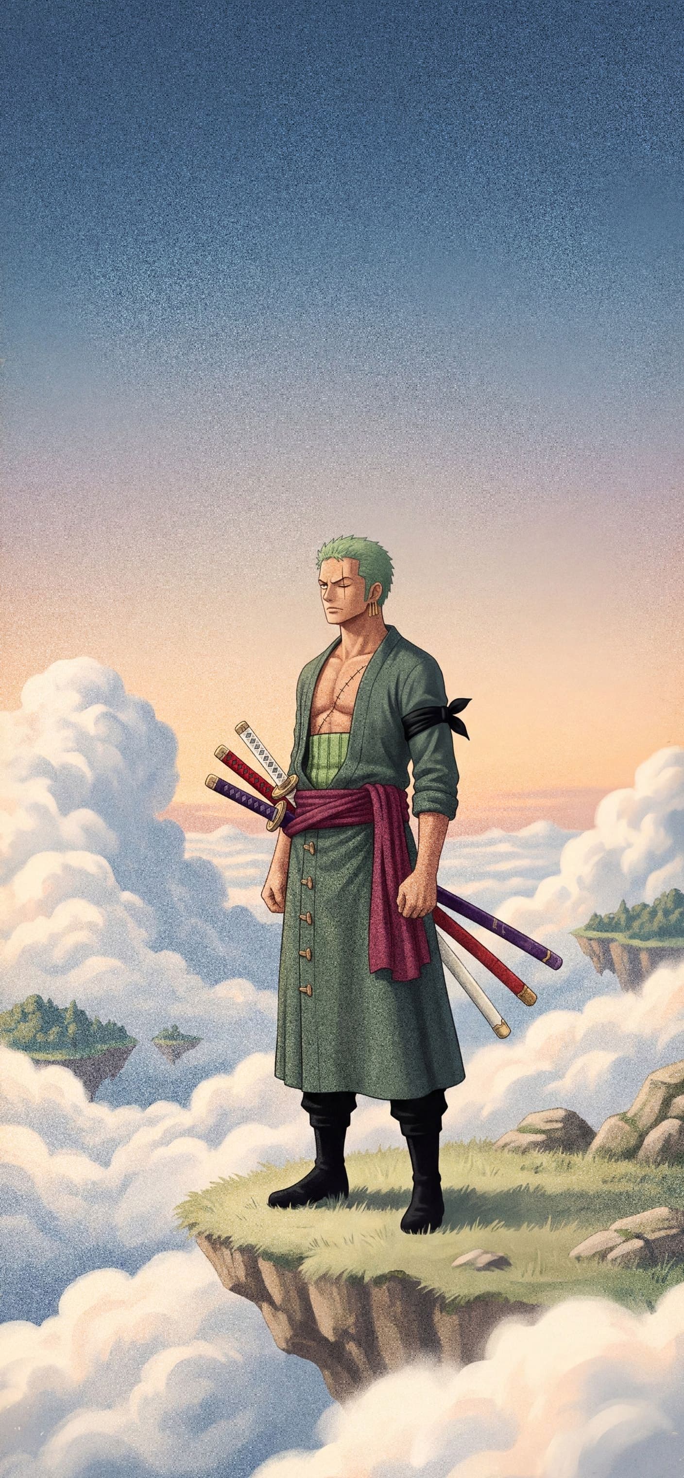 Roronoa Zoro phone wallpaper: Zoro standing at the edge of a floating sky island above a sea of white clouds