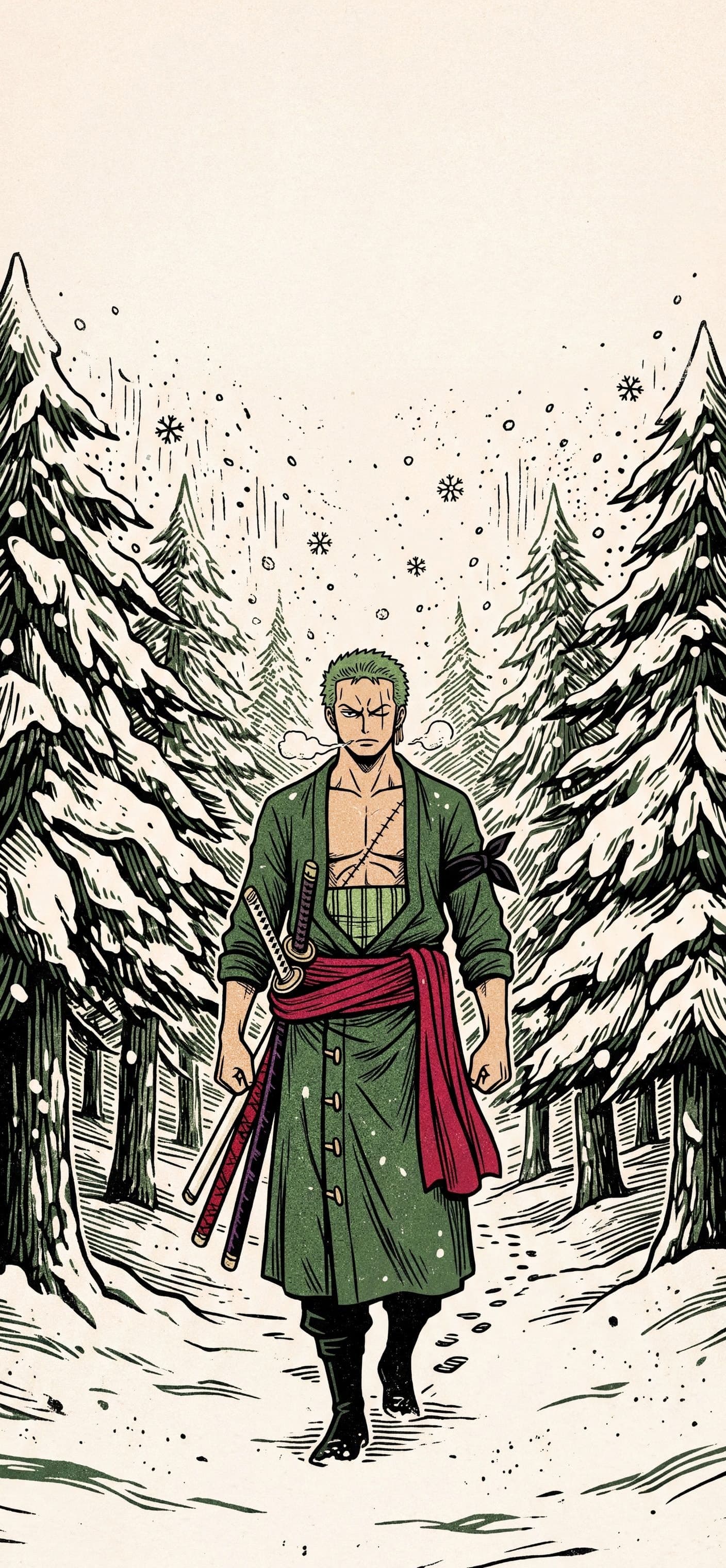 Roronoa Zoro phone wallpaper: Zoro walking through a snowy pine forest, his breath misting in the cold