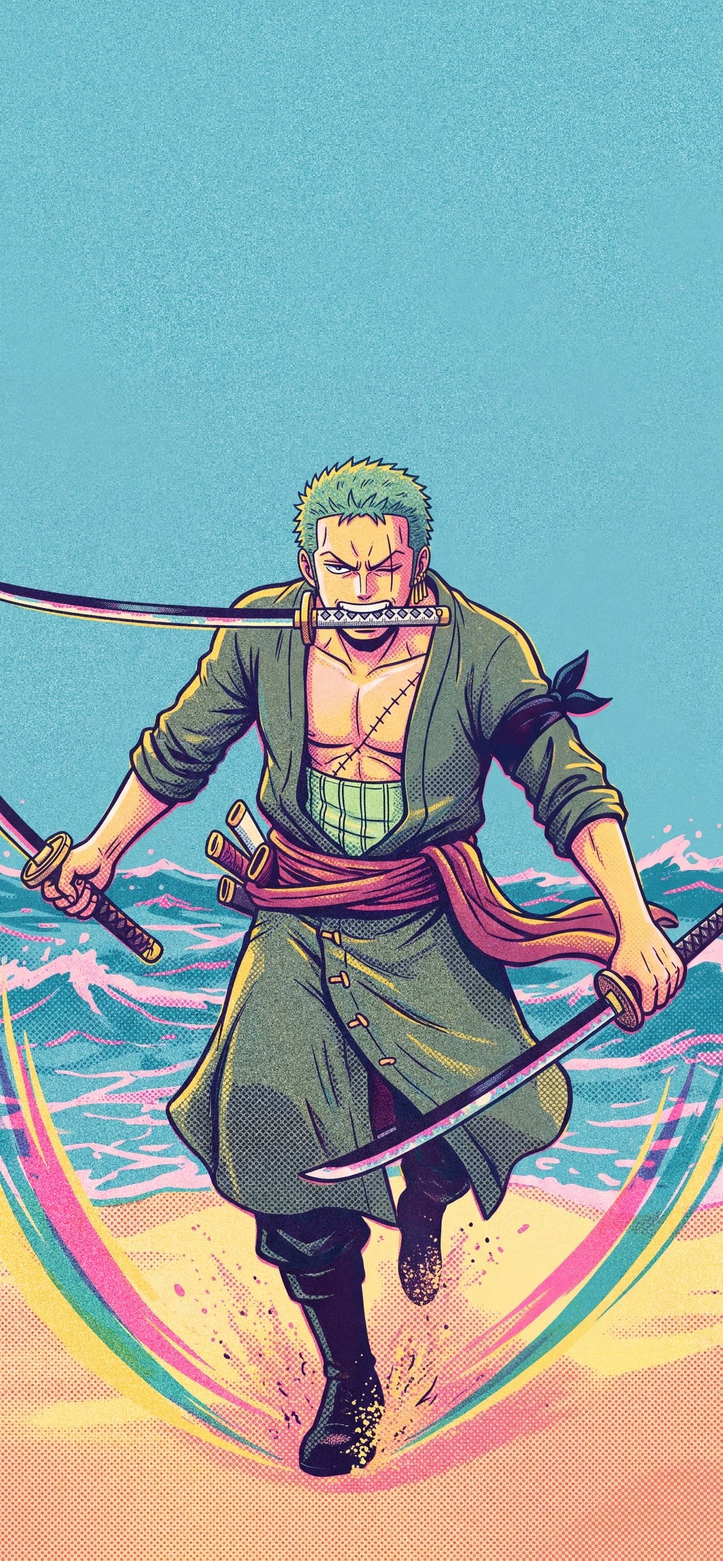 Roronoa Zoro wallpaper: Zoro charging across a sunny beach with a sword in each hand and one in his teeth, slash arcs around him