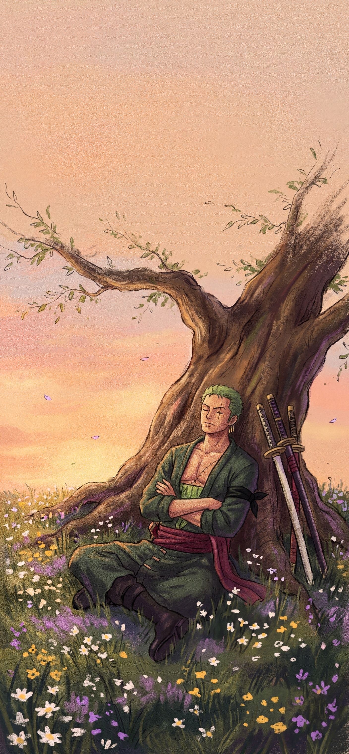 Roronoa Zoro wallpaper: Zoro asleep against a big tree in a wildflower meadow at golden hour, his swords leaning on the trunk