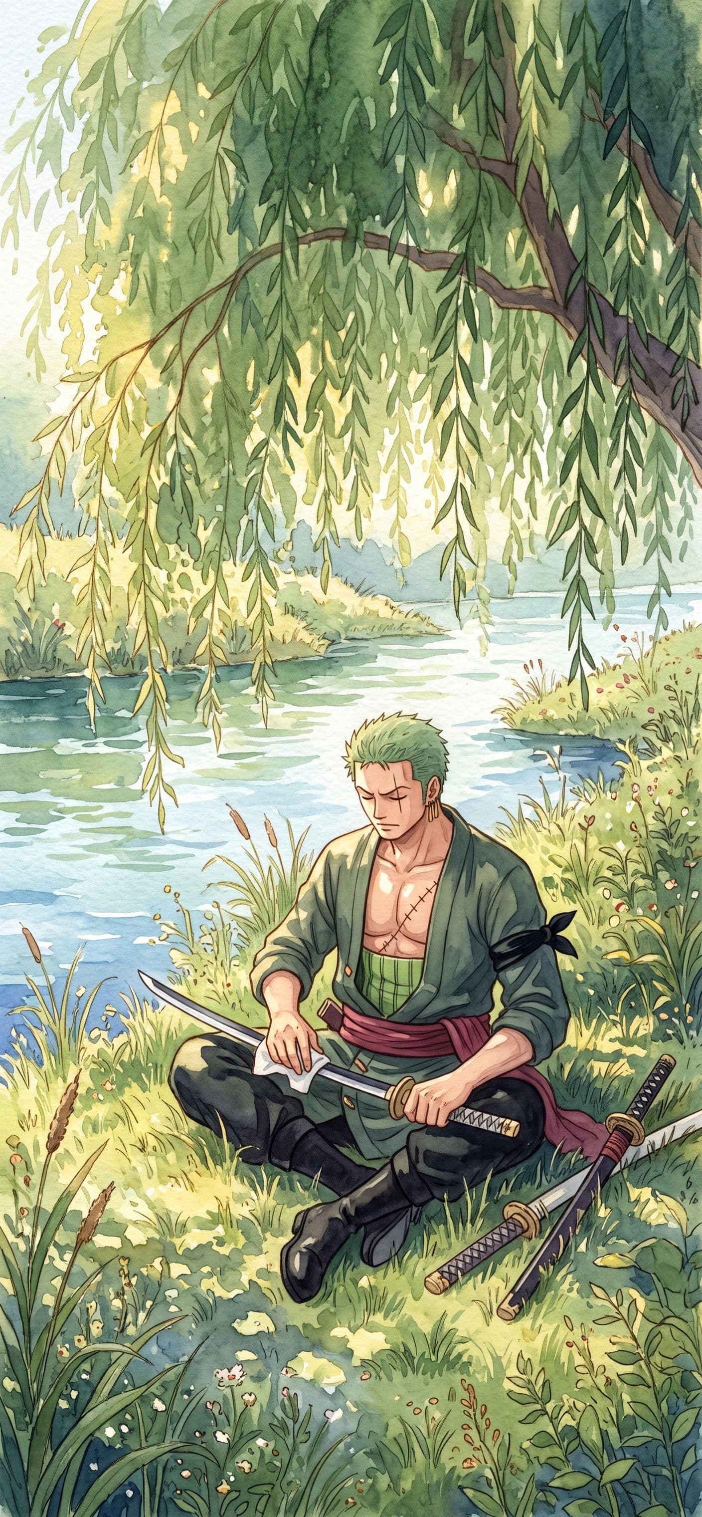 Roronoa Zoro wallpaper: Zoro sitting under a willow on a sunny riverbank, wiping the blade of one sword
